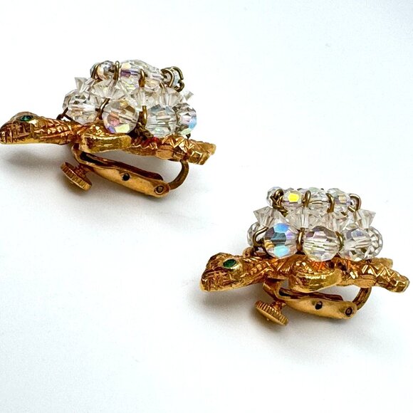 Turtle 50s Clip-On Earrings Gold Tone Green Clear Rhinestone Vintage Design - Picture 4 of 8
